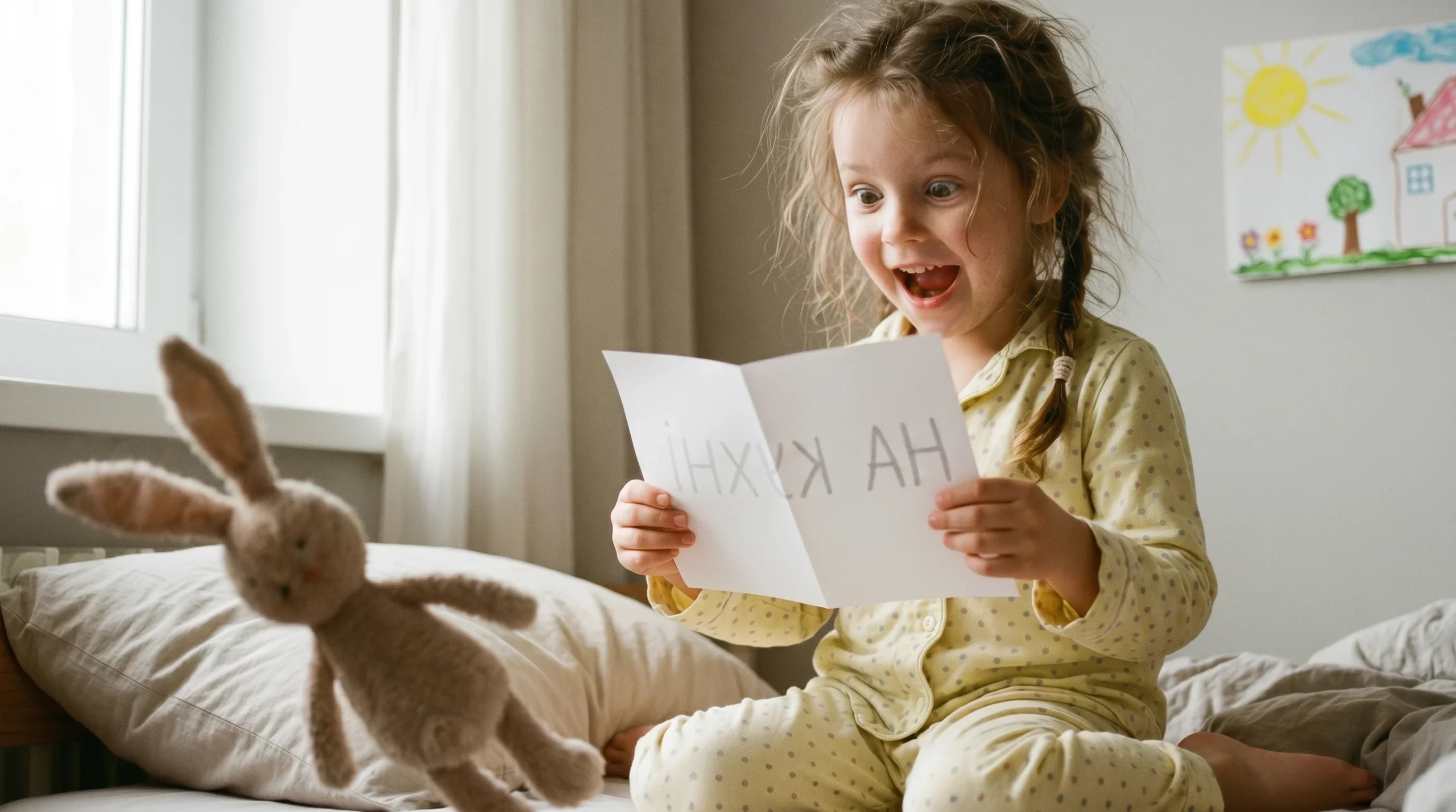 Дівчинка знаходить записку під подушкою і читає її вголос, очі широко розплющені від радісного здивування — слово-квест у дії