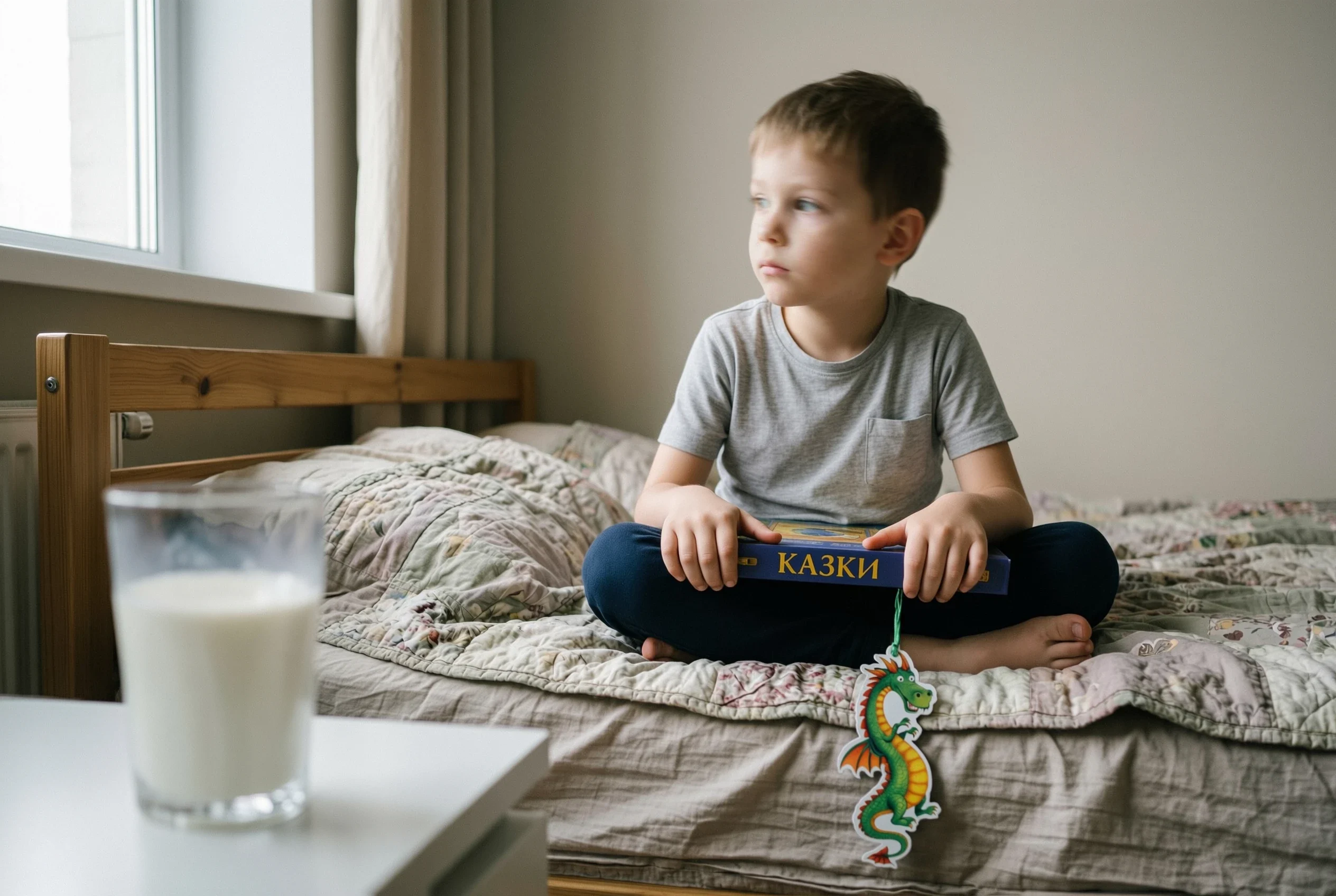 Шестирічний хлопчик сидить на ліжку з книгою на колінах, але дивиться вбік — відволікся. Знизу книги звисає яскрава закладка у формі дракончика. Збоку на тумбочці поза фокусом — склянка з молоком.