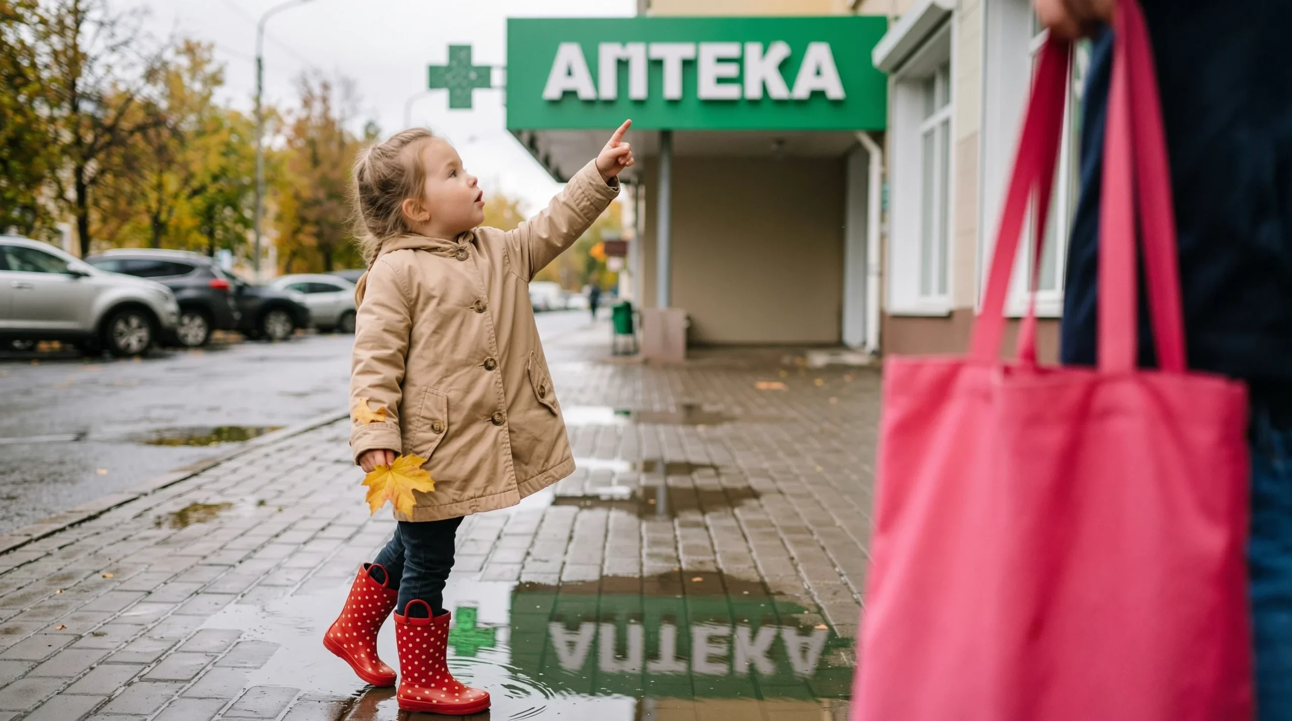 Чотирирічна дівчинка стоїть на тротуарі й задирає голову до вивіски «АПТЕКА» над входом. На рукаві куртки приліп жовтий кленовий листочок. Збоку поза фокусом — рожева ручка маминої сумки. Мокра бруківка після дощу.